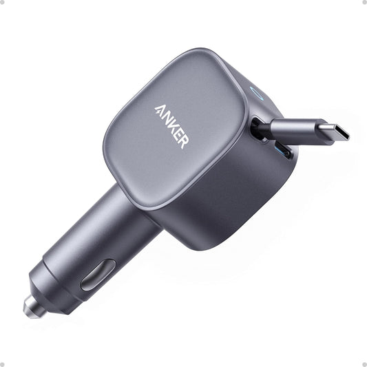Cargador de Coche USB-C Anker, Cargador de Coche Tipo-C Rápido Ultra Compacto de 75W Máximo con Cable Retráctil Integrado Adaptador de Coche para iPhone Serie 15/14, Samsung S24/S23, MacBookPro/Air