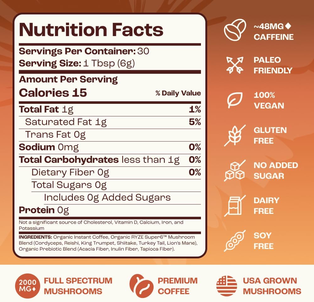 RYZE SUPERFOODS - Café de tostado medio de hongos orgánico USDA con...