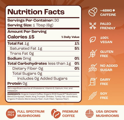 RYZE SUPERFOODS - Café de tostado medio de hongos orgánico USDA con...