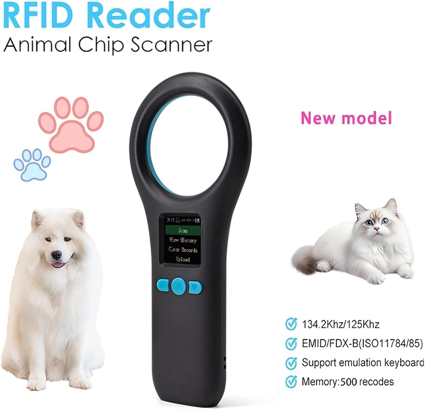 Treamvp Escáner de microchip para mascotas, lector de chips de anim...