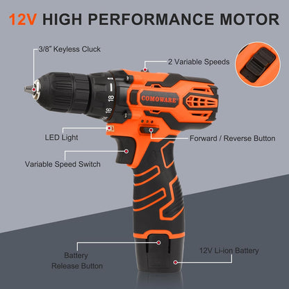 COMOWARE Juego de taladro inalámbrico, taladro eléctrico de 12V con...