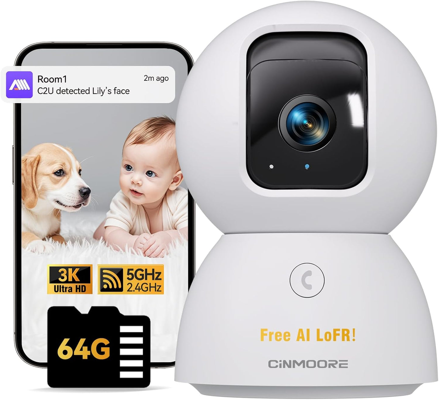 CINMOORE Cámara interior 5G, cámara 3K para mascota\/perro con apli...