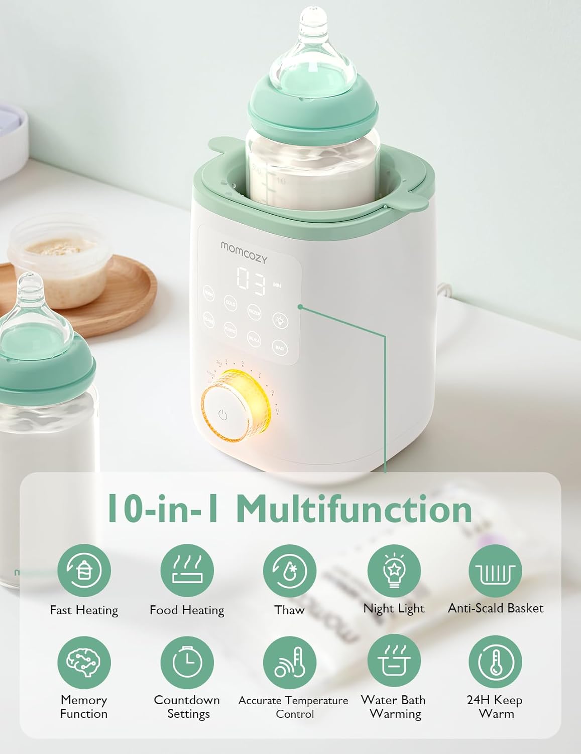 Momcozy Calentador de biberones para leche materna, alimentos de fórmula de leche materna, nutrientes más completos conservados, calor rápido, luz nocturna para lactancia nocturna, fácil de usar con