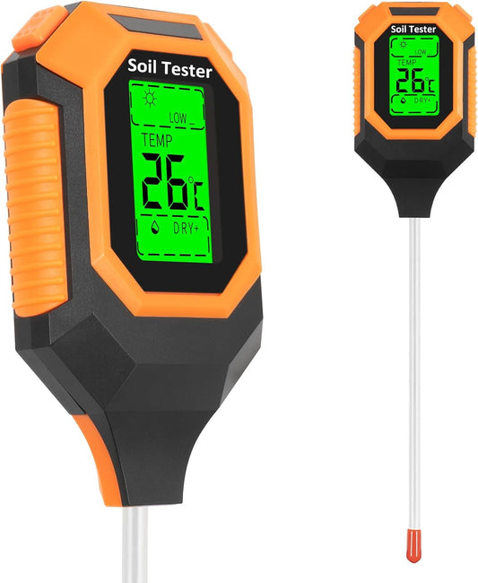 Medidor de Humedad del Suelo 4 en 1 Medidor Digital de pH/Humedad del Suelo/Temperatura de la Planta/Intensidad de Luz Solar, Pantalla LCD con Retroiluminación, Medidor de Prueba de Suelo para Jardín
