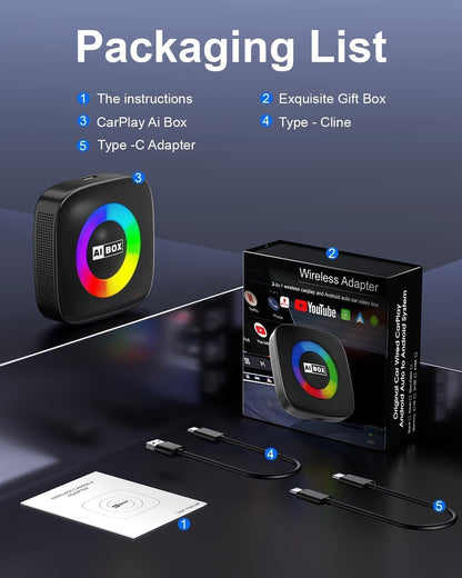Adaptador inalámbrico Carplay para iPhone Ai Magic Box con Netflix/YouTube compatible con TF/Card Dongle Plug and Play Fácil configuración Carplay y Android Auto Video Entertainment para iOS 10+