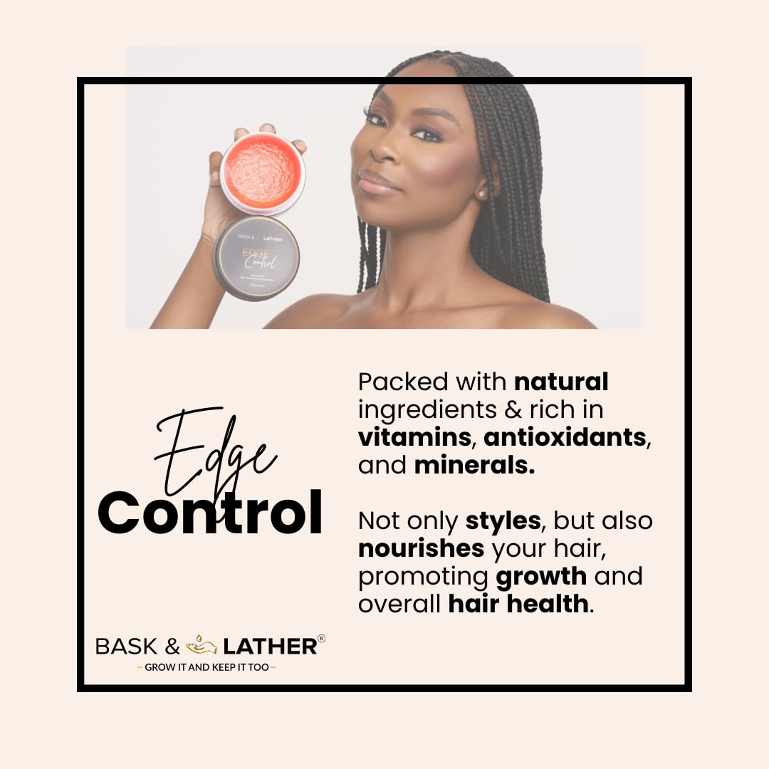 BASK & LATHER Gel de control de bordes Strong Hold con aceite de ricino, no graso, no descamado, sin yeso blanco, de larga duración, apoya el crecimiento del cabello, fórmula natural, para todo tipo
