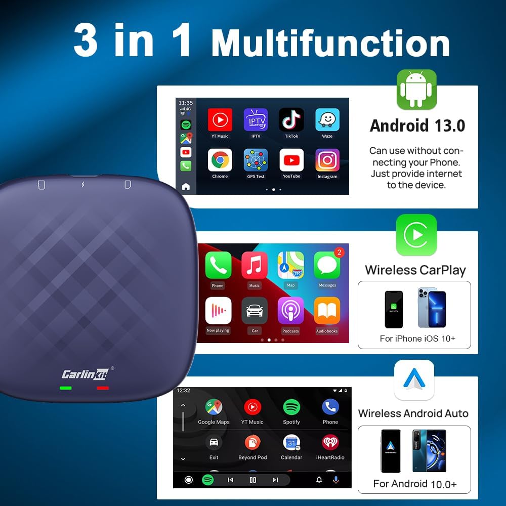 CarlinKit 8+128G - Adaptador inalámbrico CarPlay y Android Auto, CarPlay Ai Box para coche con cable CarPlay, 8 núcleos, GPS incorporado, ultra delgado, sistema Android 13.0, Bluetooth dual, tarjeta