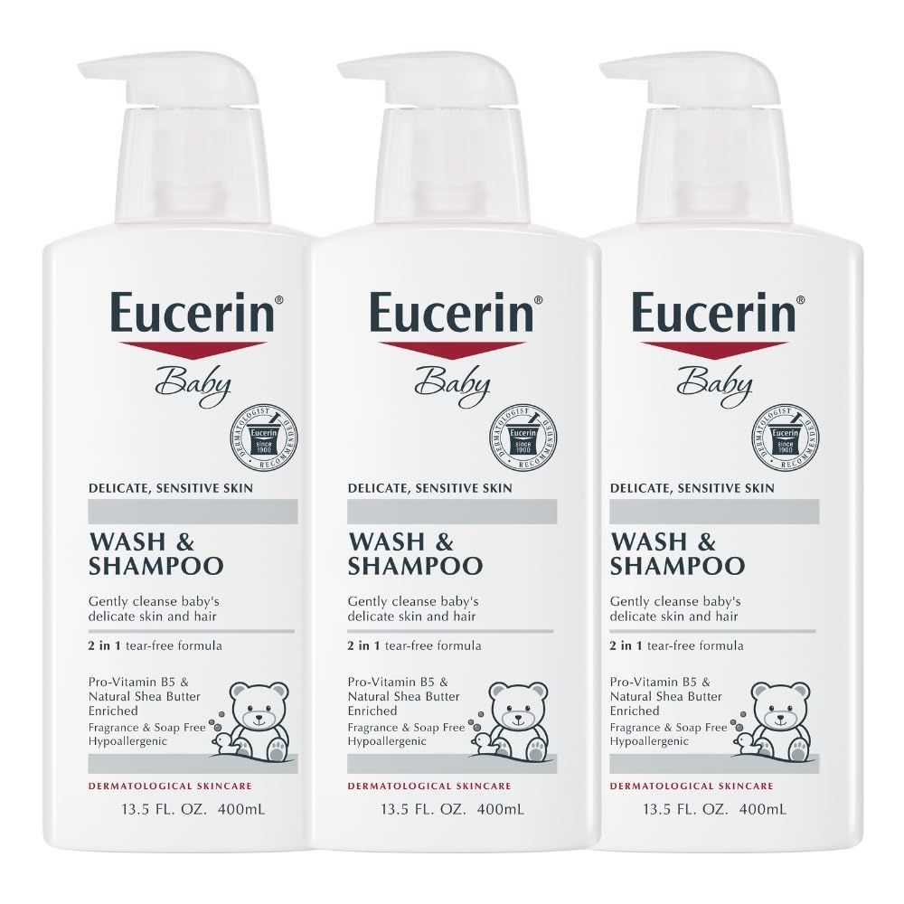 Eucerin Baby, Champú y gel de baño sin perfume para bebés, hipoalergénico, sin lágrimas, con Pro-Vitamina B5 y manteca de karité, botella de 13.5 Fl Oz, paquete de 3