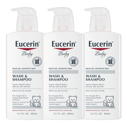 Eucerin Baby, Champú y gel de baño sin perfume para bebés, hipoalergénico, sin lágrimas, con Pro-Vitamina B5 y manteca de karité, botella de 13.5 Fl Oz, paquete de 3