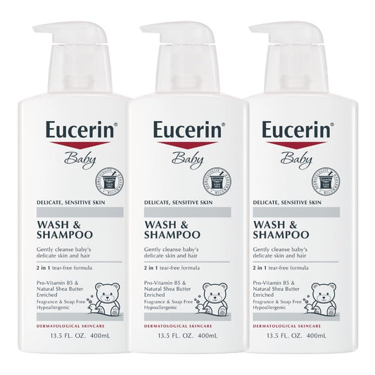 Eucerin Baby, Champú y gel de baño sin perfume para bebés, hipoalergénico, sin lágrimas, con Pro-Vitamina B5 y manteca de karité, botella de 13.5 Fl Oz, paquete de 3