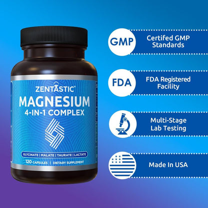 Zentastic Complejo de magnesio 4 en 1 Suplemento - Glicinato de magnesio, malato, taurato y lactato - Alta absorción quelatada para nervios, músculos, huesos y apoyo inmunológico - 120 cápsulas