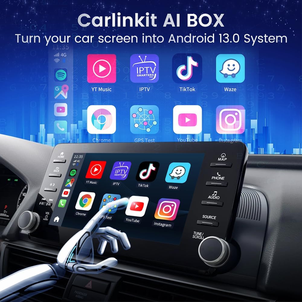 CarlinKit 8+128G - Adaptador inalámbrico CarPlay y Android Auto, CarPlay Ai Box para coche con cable CarPlay, 8 núcleos, GPS incorporado, ultra delgado, sistema Android 13.0, Bluetooth dual, tarjeta
