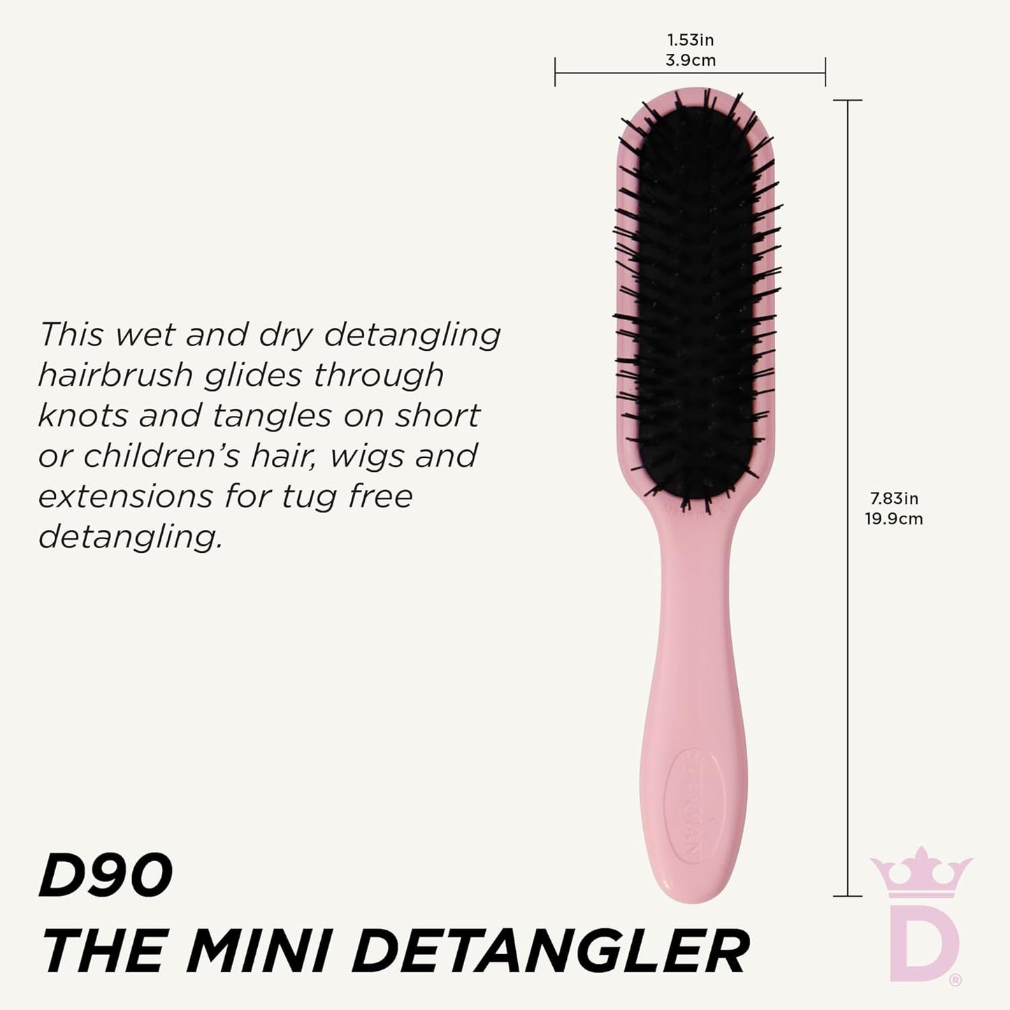 Denman Mini cepillo Deatngling para cabello corto, removedor suave de nudos húmedos y secos para niños y adultos, D90 Pink Crush
