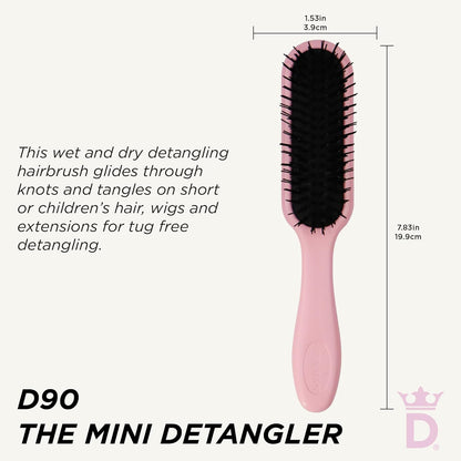 Denman Mini cepillo Deatngling para cabello corto, removedor suave de nudos húmedos y secos para niños y adultos, D90 Pink Crush