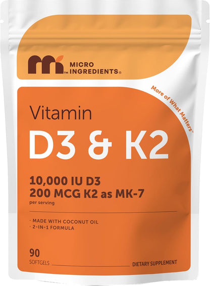 Micro Ingredients Vitamina D3 10,000 UI + K2 MK-7 200 mcg por porci...