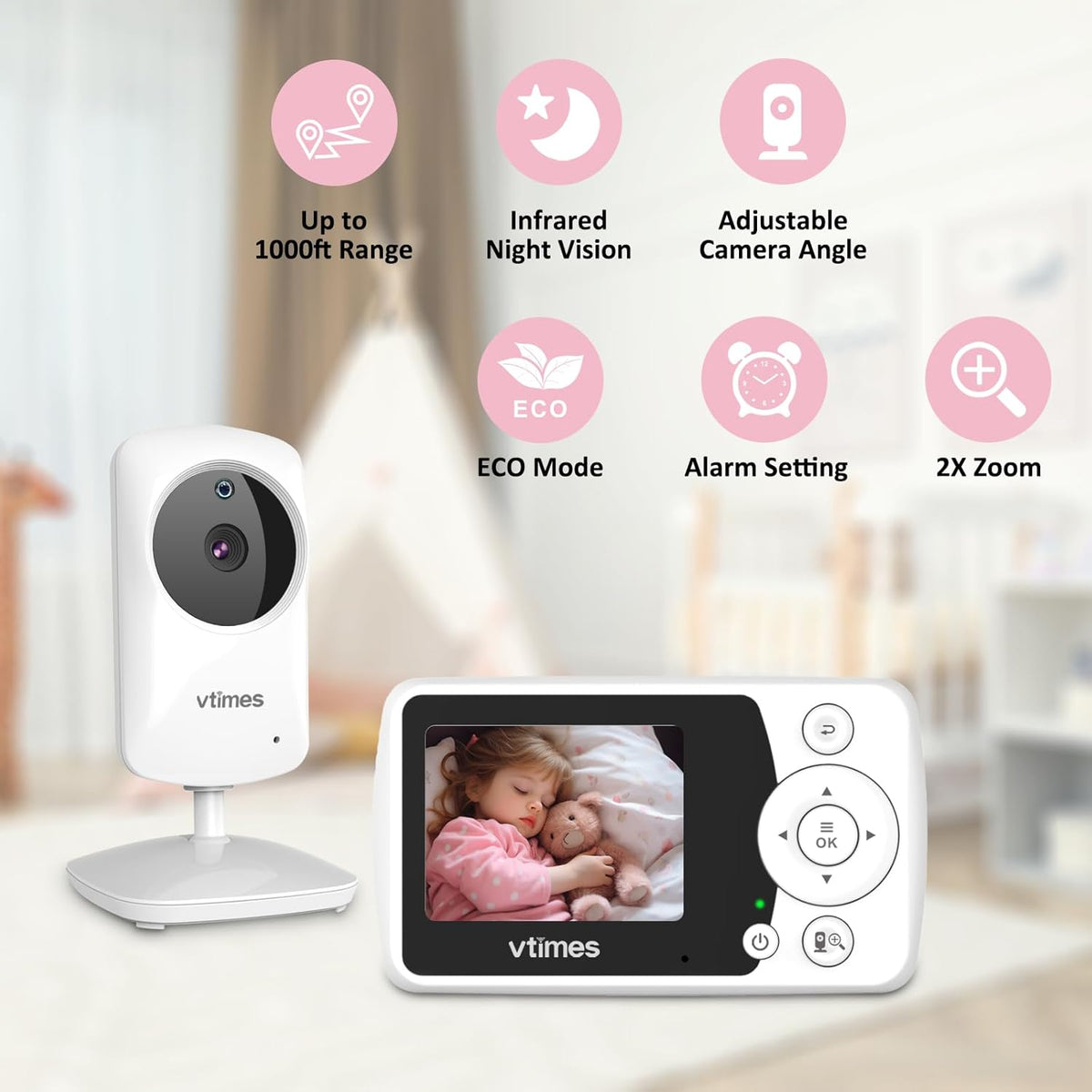 VTimes Monitor de bebé con cámara y audio, monitor de video para be...
