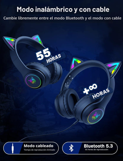 ONITOON Auriculares Bluetooth con orejas de gato para niños y adult...