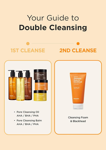 Hanskin K-Beauty - Aceite limpiador PHA (6.76 onzas) y espuma limpiadora | Eliminación de puntos negros, exfoliación suave y cuidado de poros para pieles grasas, propensas al acné y mixtas, juego