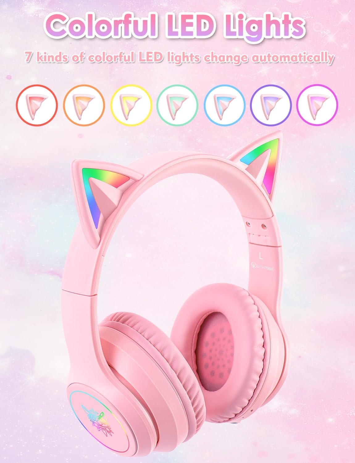 Auriculares Bluetooth para niños con micrófono, con luz LED de orej...