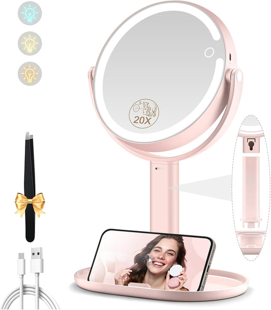 MOMOKUBA Espejo de maquillaje con luces, espejo de aumento de doble...