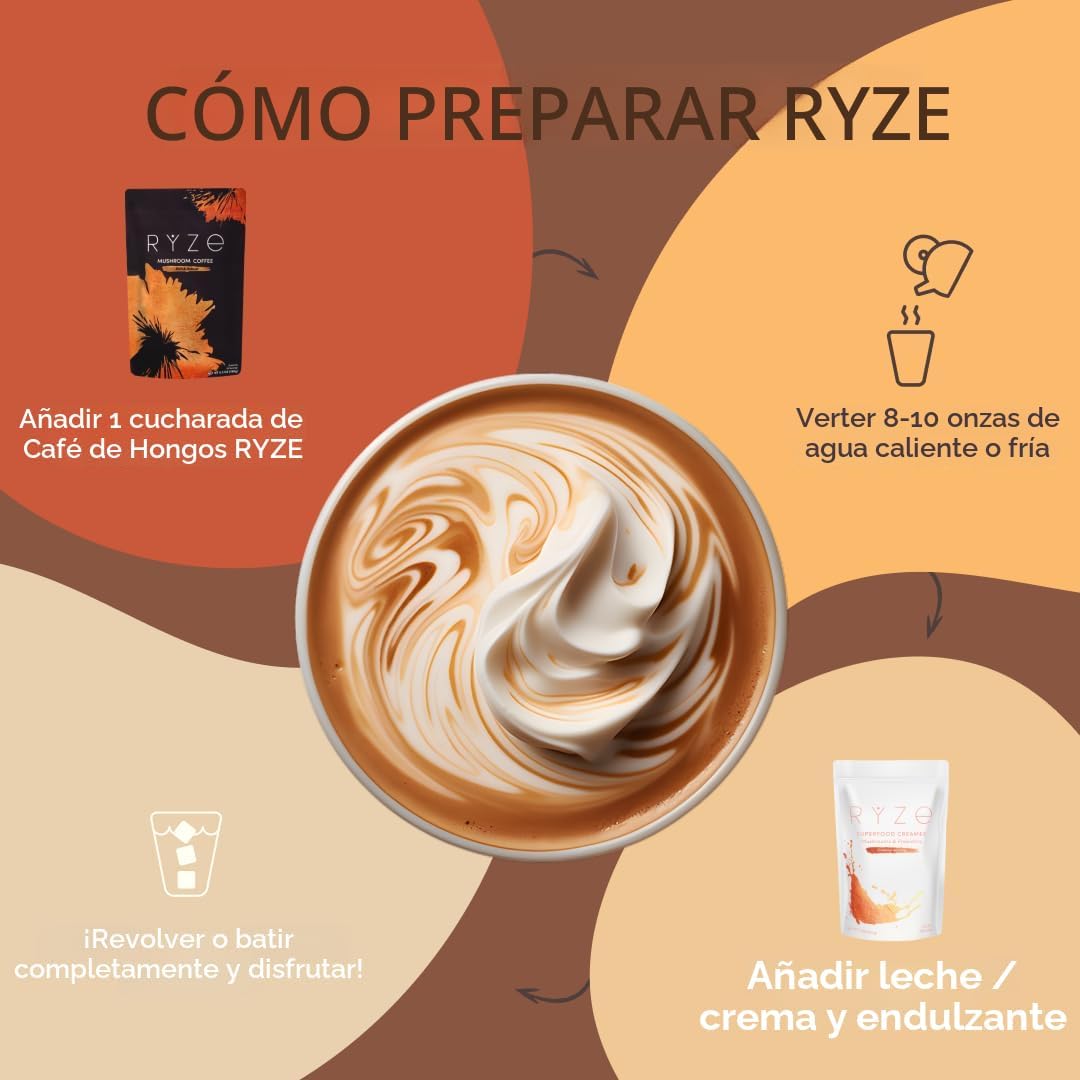 RYZE SUPERFOODS Café de hongos tostado oscuro, 6 hongos adaptogénic...