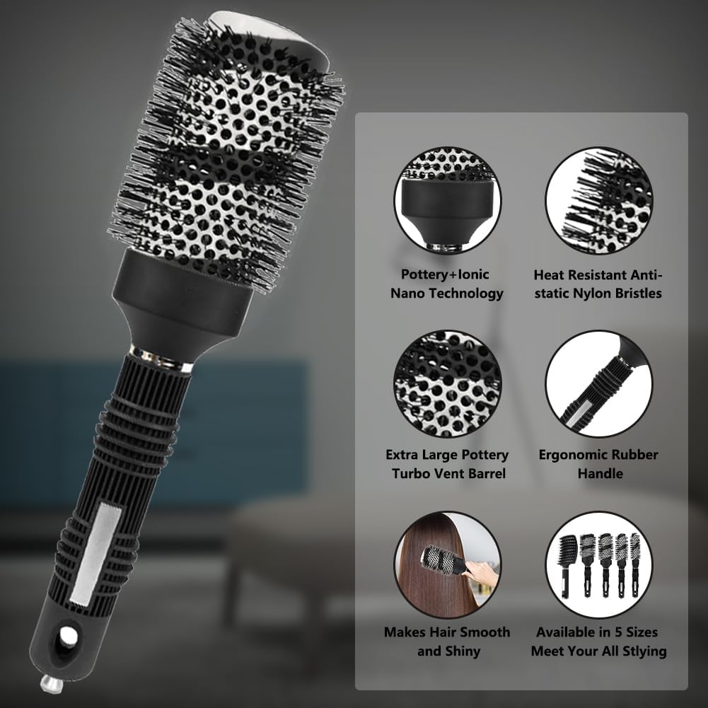 Cepillo redondo para secado con cerdas de jabalí, juego de cepillos térmicos de cerámica y tecnología iónica L+Samll redondo para niñas/mujeres, peluquería y peinado, ideal para rizar cabello corto y largo