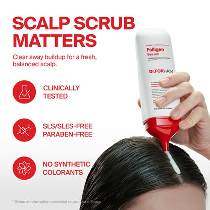 Dr.FORHAIR Folligen Sea Salt Scaler Biotin Scaler - Exfoliante para cuero cabelludo (10.5 onzas), 45% de sal marina, limpieza profunda del cabello, purificadora de sal del cuero cabelludo, tratamiento