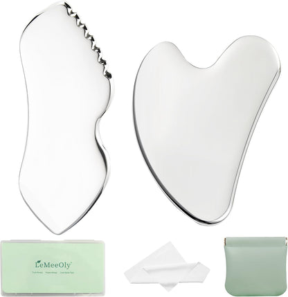 LeMeeOly 2 piezas de herramientas faciales Gua Sha de acero inoxida...