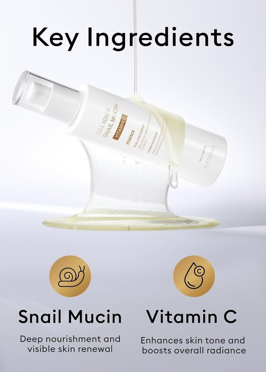 MISSHA Cell Renew Snail Mucin - Suero de esencia de vitamina C, 3.38 onzas líquidas, cuidado de la piel coreano hidratante para piel de vidrio, suero de mucina de caracol para mejorar la textura y la