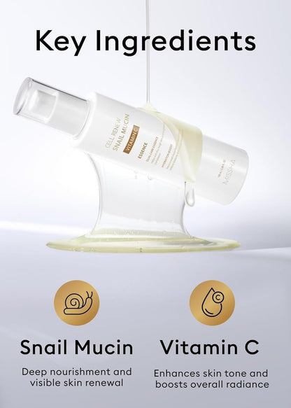 MISSHA Cell Renew Snail Mucin - Suero de esencia de vitamina C, 3.38 onzas líquidas, cuidado de la piel coreano hidratante para piel de vidrio, suero de mucina de caracol para mejorar la textura y la