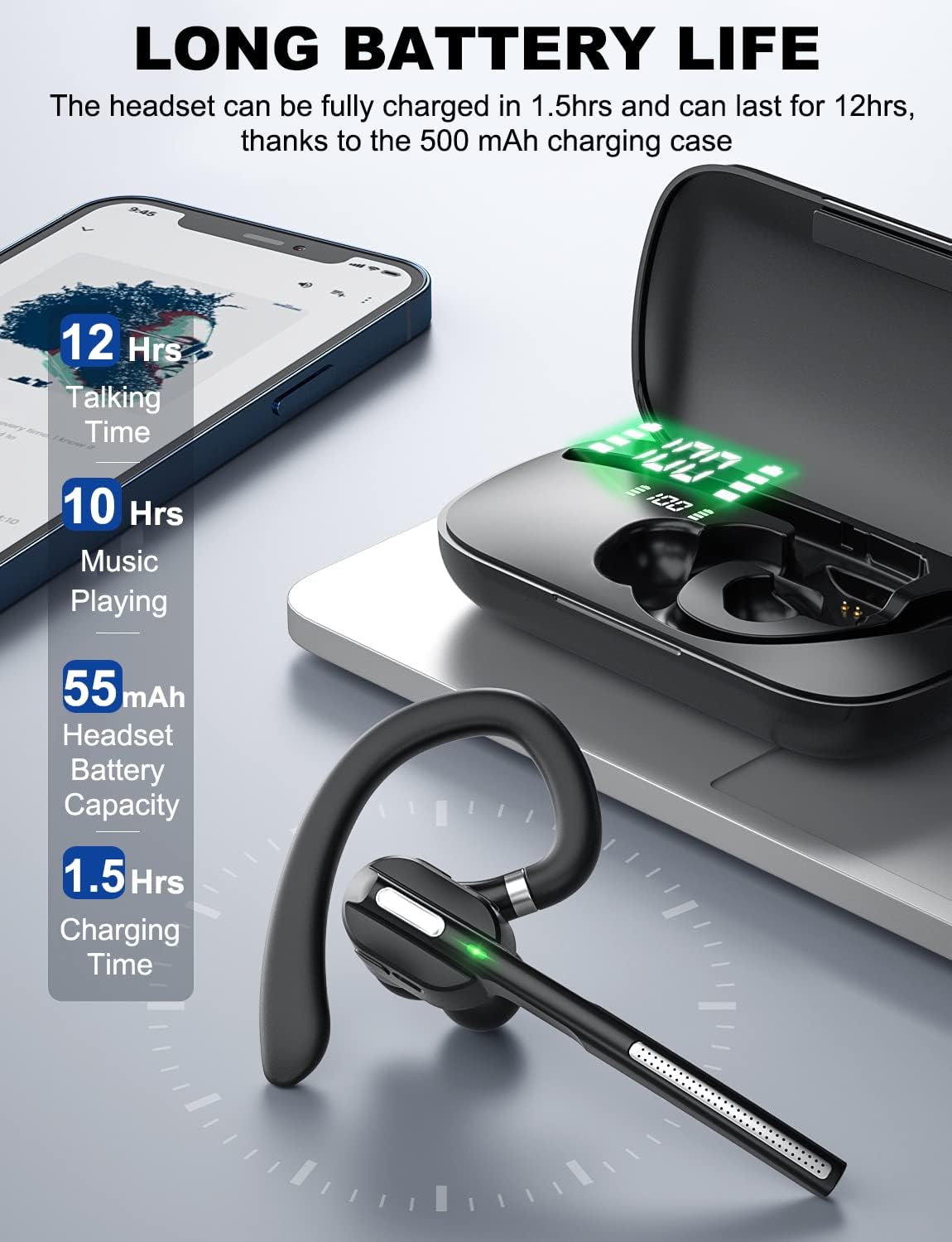 Auriculares Bluetooth V5.1, Auriculares Inalámbricos con Caja de Carga y Visualización de Batería, Auriculares Bluetooth con Micrófono con Cancelación de Ruido para Conducir, Oficina