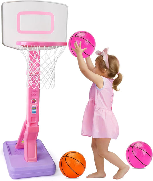 Aro de baloncesto para niños pequeños rosa para interiores y exteriores, edad 1-3 años, aro de baloncesto ajustable para niños con 3 pelotas, portería de baloncesto para niñas, juguetes