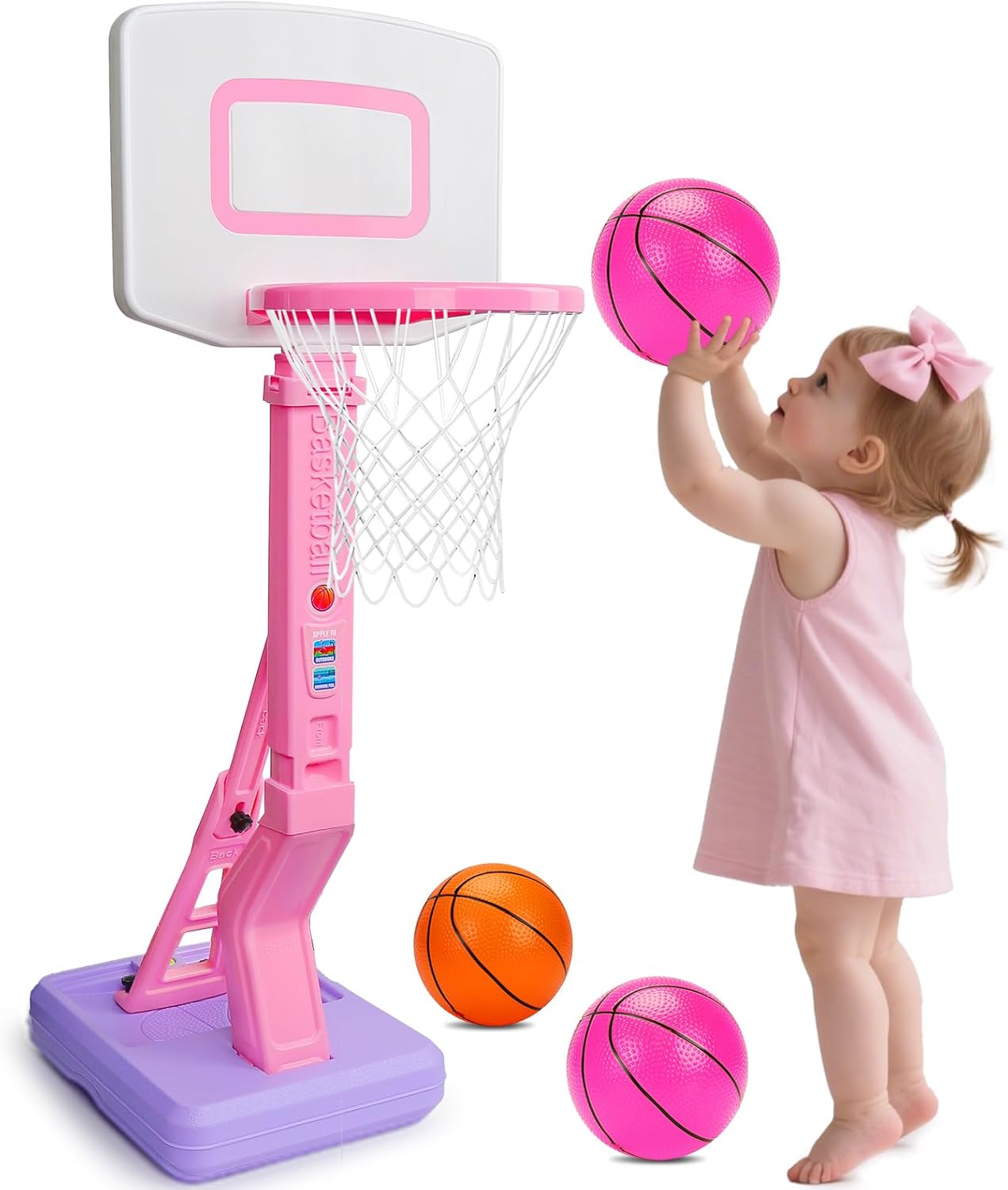 Aro de baloncesto para niñas pequeñas, rosa, ajustable, mini, con b...
