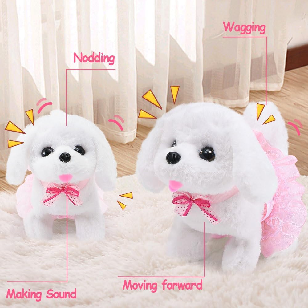 Golray Juguetes de perro para niñas, cochecito y perro de peluche electrónico interactivo que puede caminar, ladrar, 10 piezas de juguete para niña, juego de cuidado de cachorros para niños pequeños