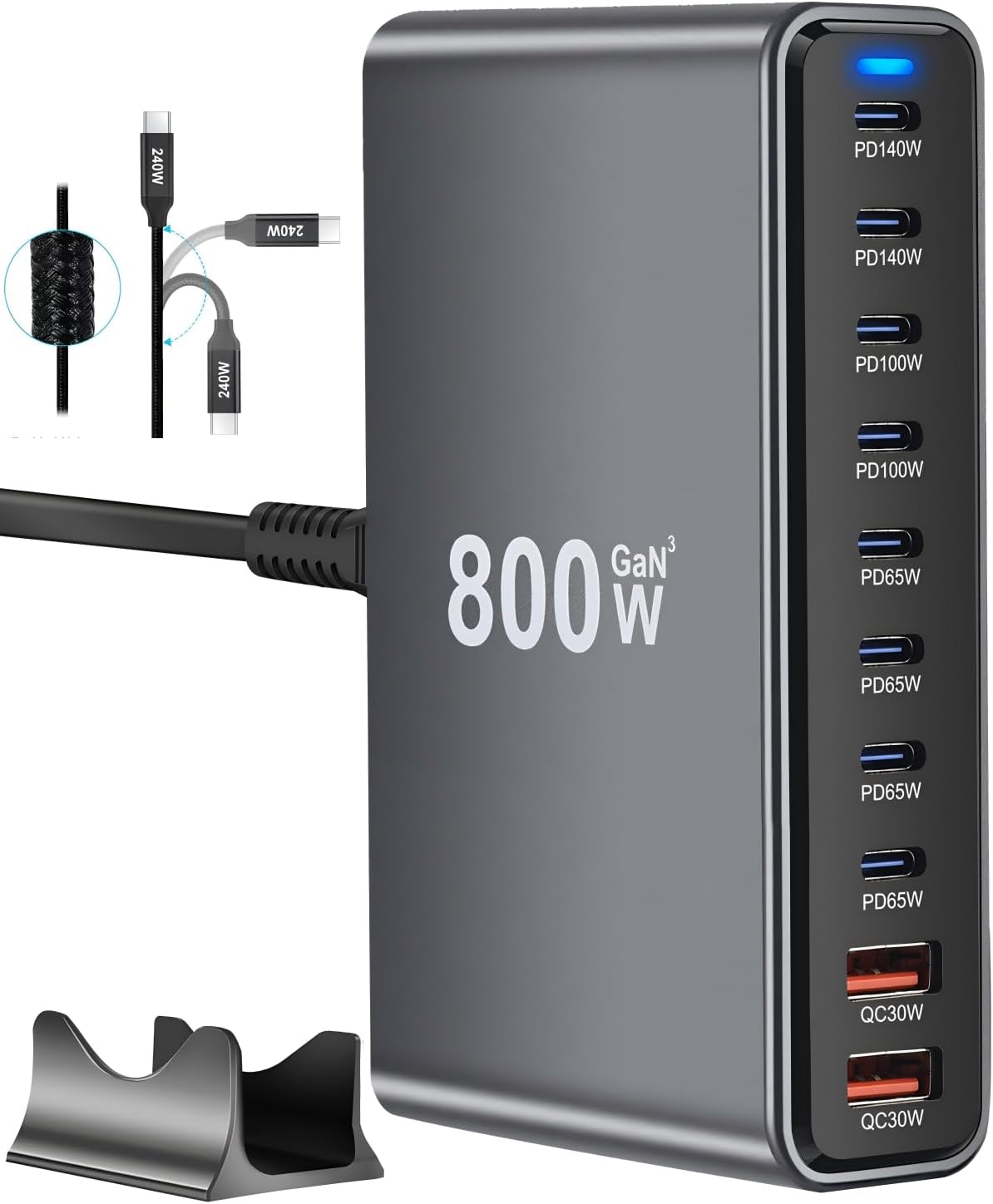 800W Bloque de Carga Rápida USB C, Estación de Carga USB de 10 Puer...