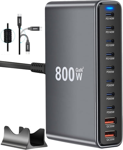 800W Bloque de Carga Rápida USB C, Estación de Carga USB de 10 Puer...