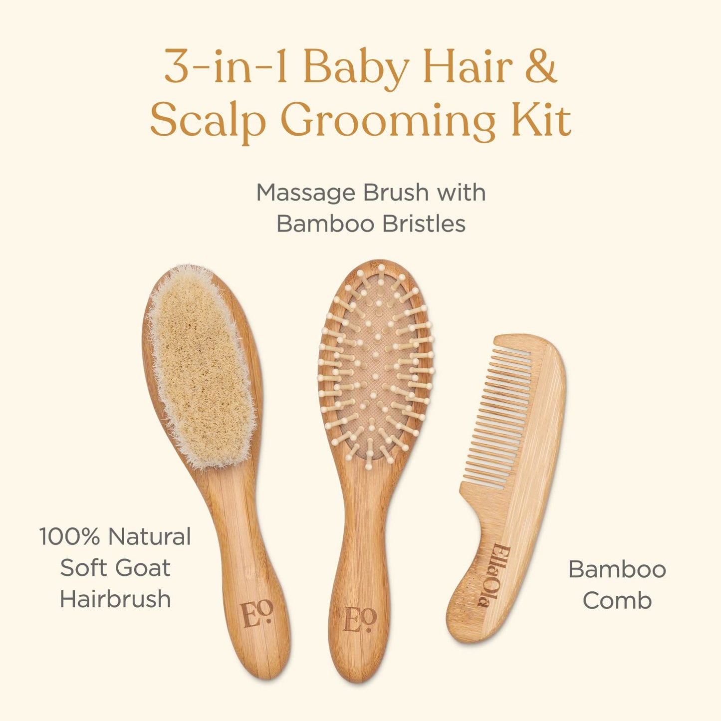 ELLAOLA Juego de cepillo y peine de bambú natural, 3 piezas - Cepillo para costra láctea, cepillo de masaje para el cabello, peine de bambú para niños pequeños, recién nacidos y bebés | Regalo para el
