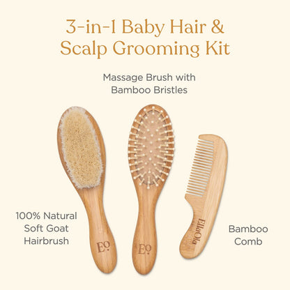 ELLAOLA Juego de cepillo y peine de bambú natural, 3 piezas - Cepillo para costra láctea, cepillo de masaje para el cabello, peine de bambú para niños pequeños, recién nacidos y bebés | Regalo para el