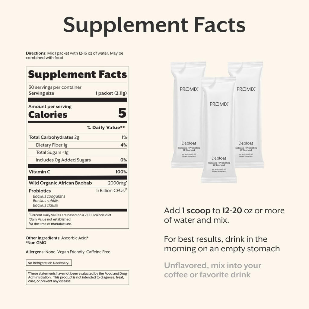 ProMix Nutrition Prebióticos y probióticos Debloat, sin sabor - 30c...