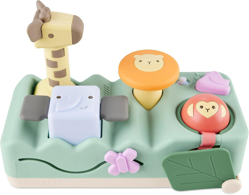 Skip Hop Tiempo boca abajo y juego sentado causa y efecto desarrollo musical para bebé juguete con 12 sonidos de animales, luces, música y 6 actividades, maravillas geométricas 2 en 1