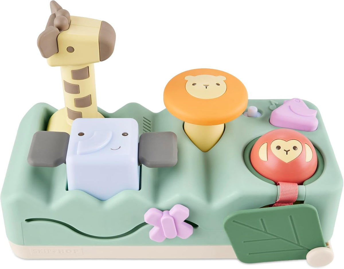 Skip Hop Tiempo boca abajo y juego sentado causa y efecto desarrollo musical para bebé juguete con 12 sonidos de animales, luces, música y 6 actividades, maravillas geométricas 2 en 1