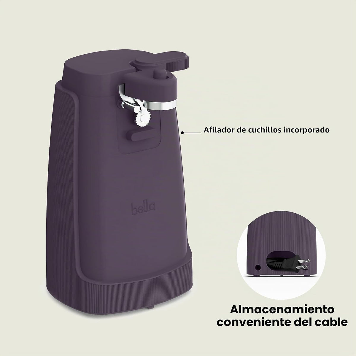 bella Abrelatas eléctrico y afilador de cuchillos, palanca de corte...