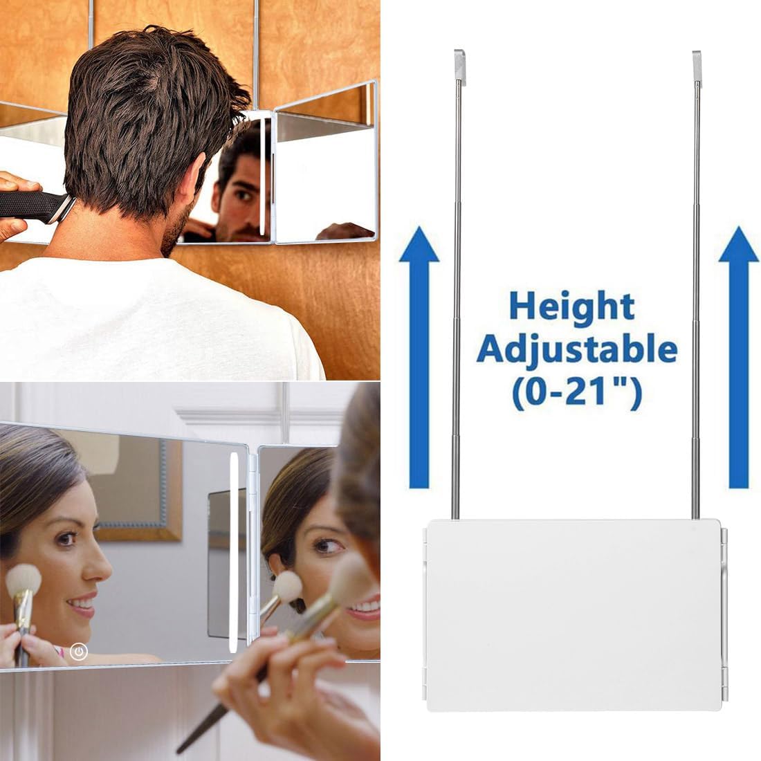 HIEEY Espejo triple 360 de 3 vías con LED, ganchos telescópicos aju...