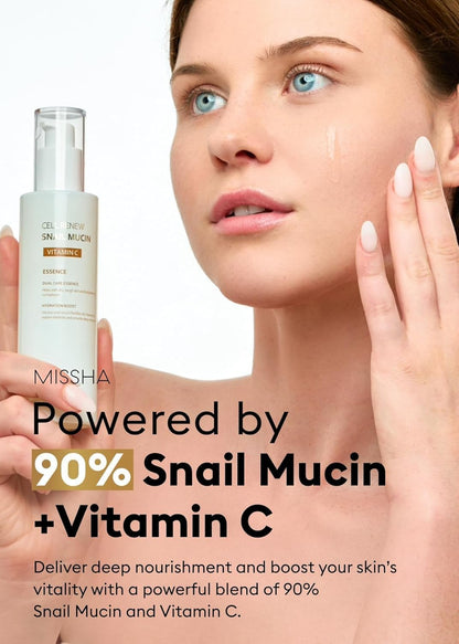 MISSHA Cell Renew Snail Mucin - Suero de esencia de vitamina C, 3.38 onzas líquidas, cuidado de la piel coreano hidratante para piel de vidrio, suero de mucina de caracol para mejorar la textura y la