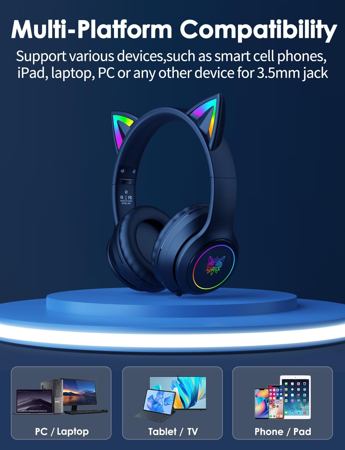 ONITOON Auriculares Bluetooth con orejas de gato para niños y adult...