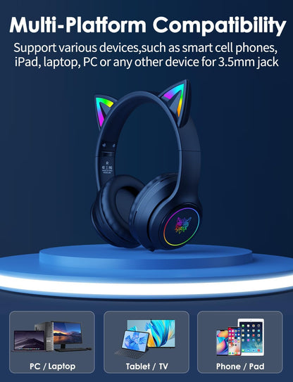 ONITOON Auriculares Bluetooth con orejas de gato para niños y adult...