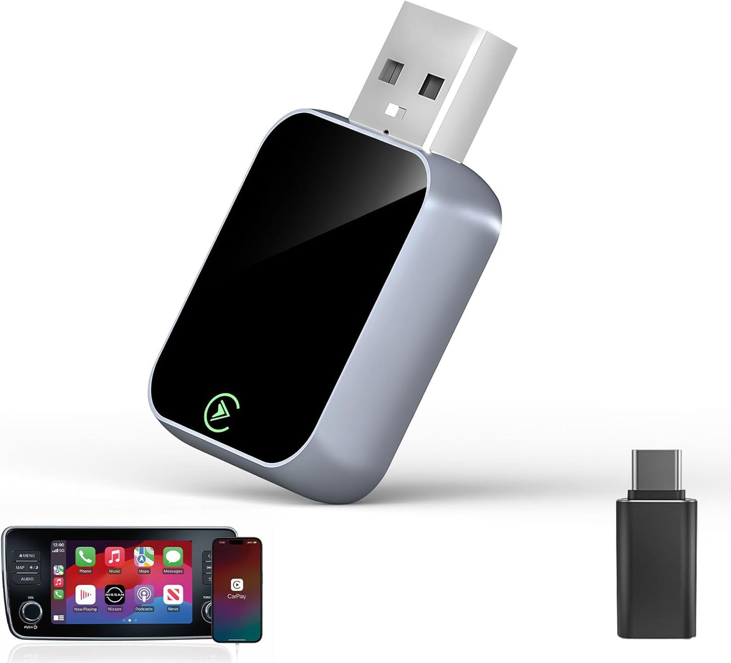 Adaptador inalámbrico CarPlay para iPhone, Bluetooth y Wi-Fi, 3X Auto-Conectar, Sin Latencia, Compatible con Apple CarPlay USB A/C, Enchufe y Reproduce, Convierte CarPlay con cable de