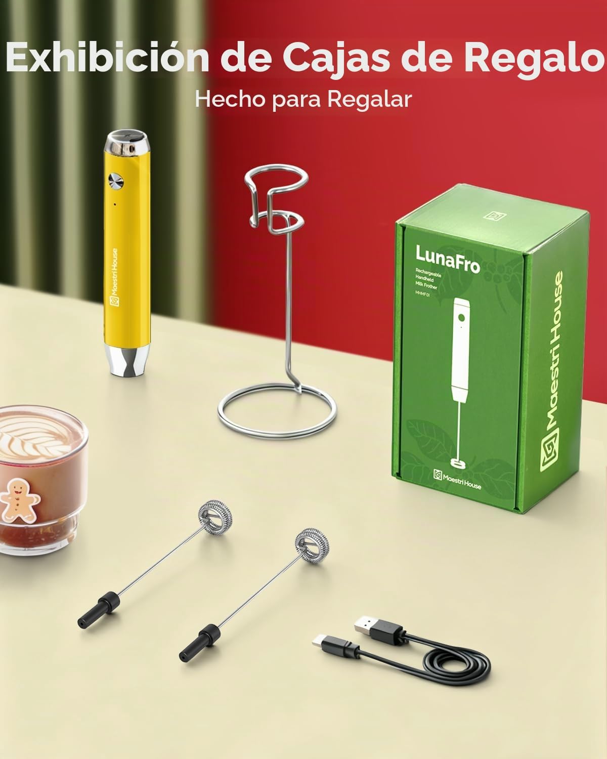 Maestri House LunaFro Espumador de leche recargable, soporte y 2 ba...