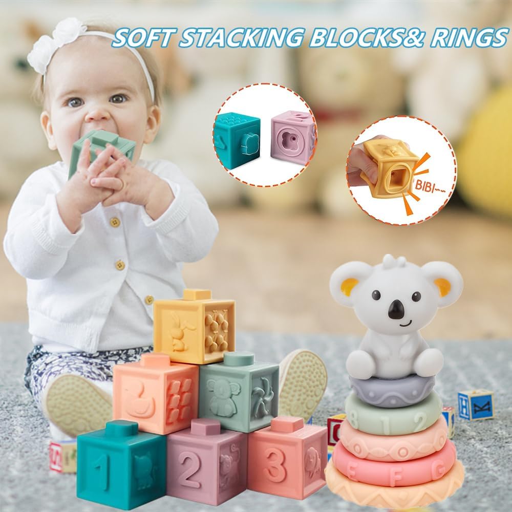 Montessori Juguetes para bebés de 6 a 12 a 18 meses, juguetes para niños de 1 año en adelante, juguete de dentición apilable, bloques de construcción, clasificador de formas, spinner y más