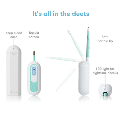 Frida Baby Termómetro digital 3 en 1 rectal, de axilas y oral para niños, termómetro para bebés, niños pequeños y niños, control de temperatura rápido y preciso, incluye estuche de transporte para